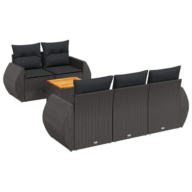 6-delige Loungeset met kussens poly rattan zwart