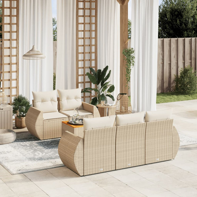 6-delige Loungeset met kussens poly rattan beige