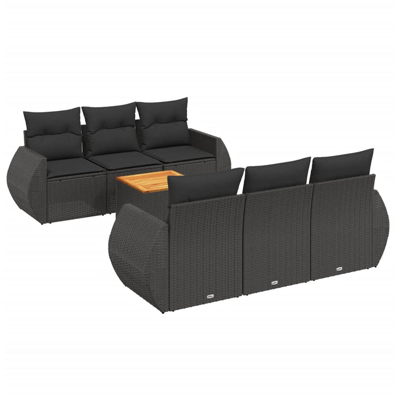 7-delige Loungeset met kussens poly rattan zwart