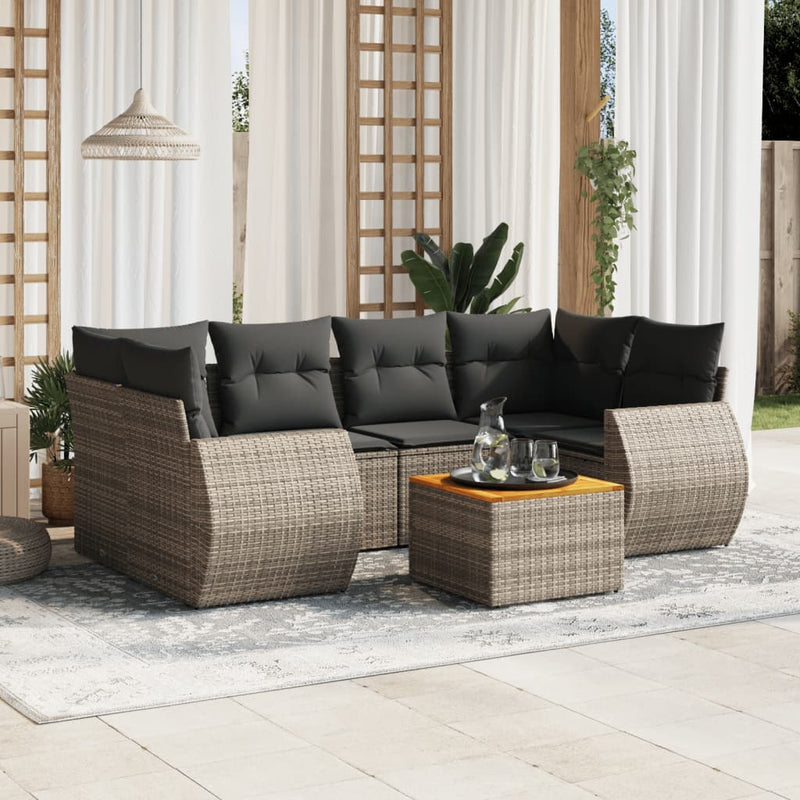 7-delige Loungeset met kussens poly rattan grijs