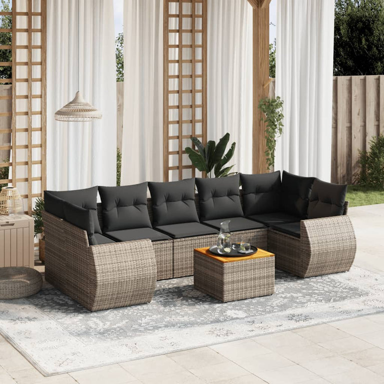 8-delige Loungeset met kussens poly rattan grijs