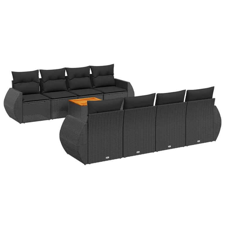 9-delige Loungeset met kussens poly rattan zwart
