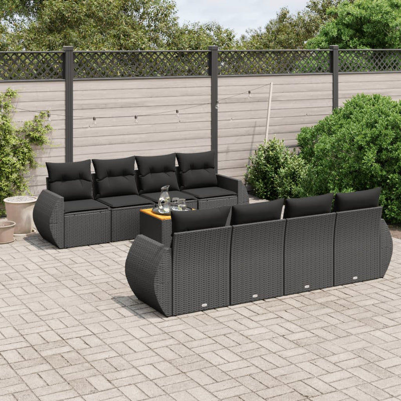 9-delige Loungeset met kussens poly rattan zwart