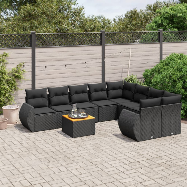 9-delige Loungeset met kussens poly rattan zwart