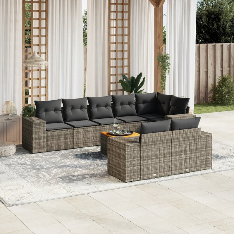 9-delige Loungeset met kussens poly rattan grijs