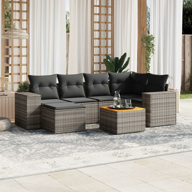 7-delige Loungeset met kussens poly rattan grijs