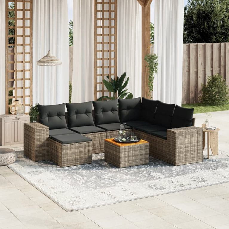 8-delige Loungeset met kussens poly rattan grijs