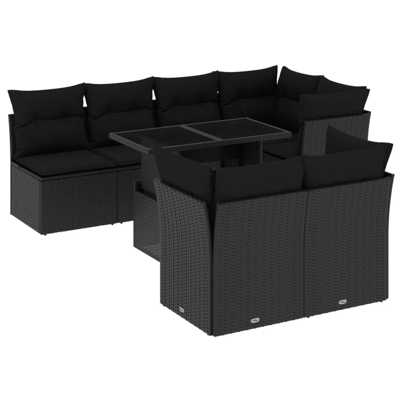 8-delige Loungeset met kussens poly rattan zwart