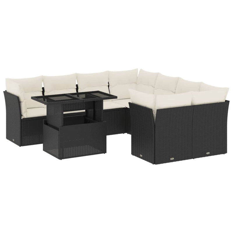 9-delige Loungeset met kussens poly rattan zwart
