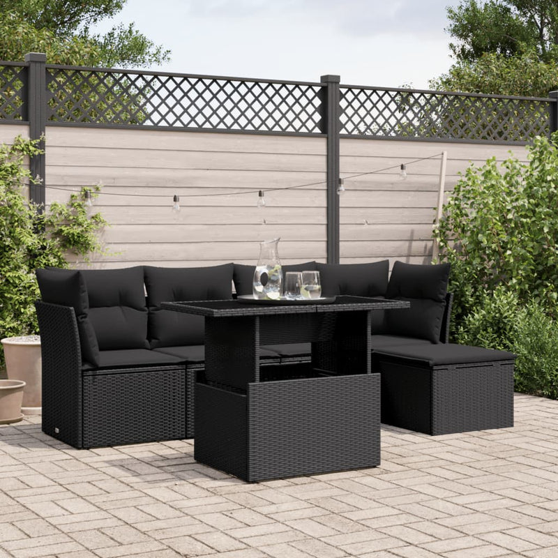 6-delige Loungeset met kussens poly rattan zwart