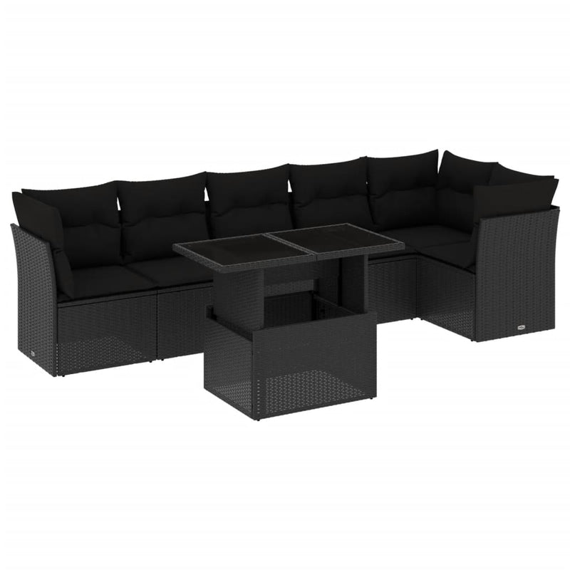 7-delige Loungeset met kussens poly rattan zwart
