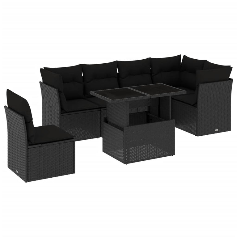 7-delige Loungeset met kussens poly rattan zwart