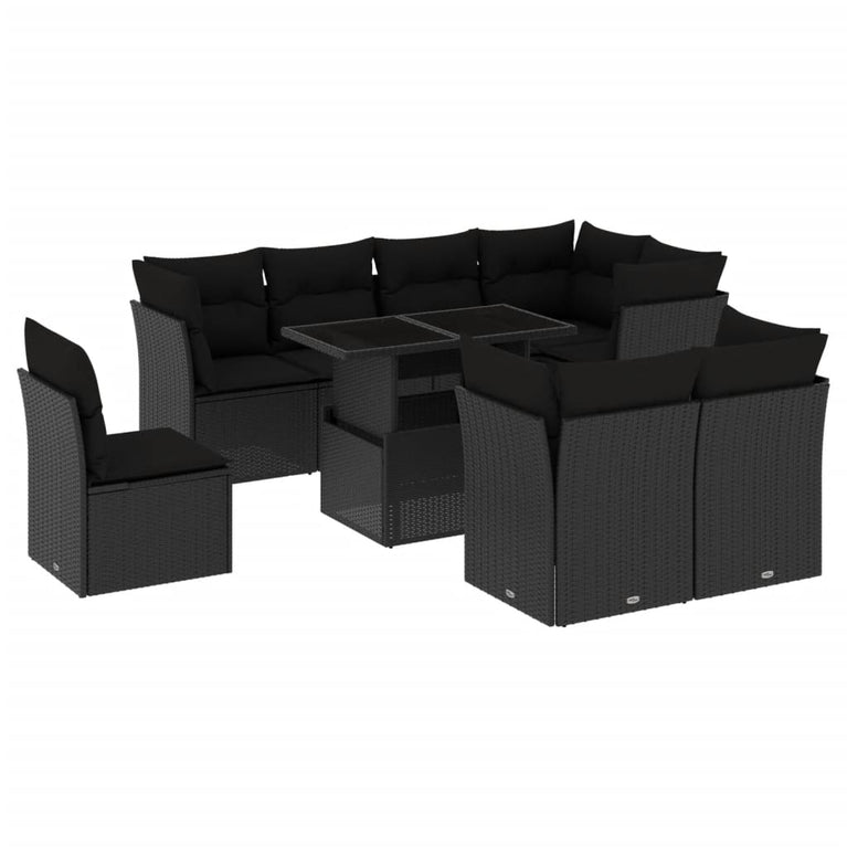 9-delige Loungeset met kussens poly rattan zwart