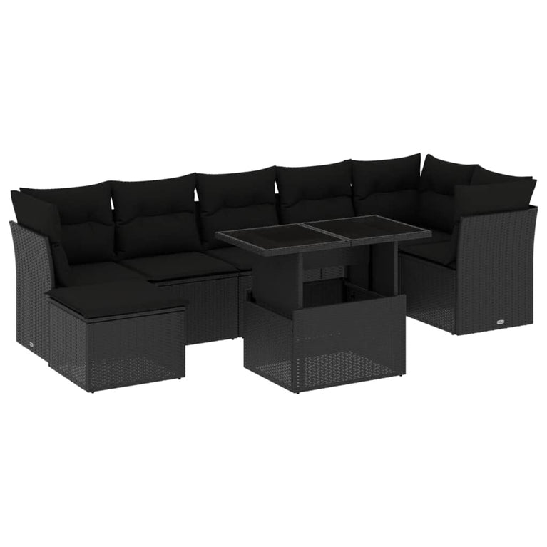 8-delige Loungeset met kussens poly rattan zwart