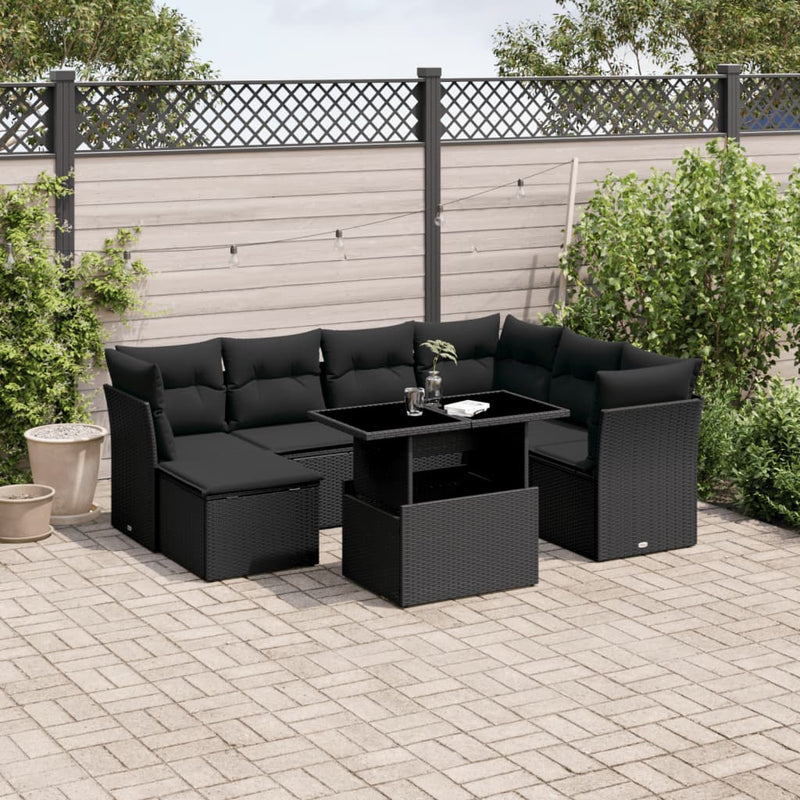 8-delige Loungeset met kussens poly rattan zwart