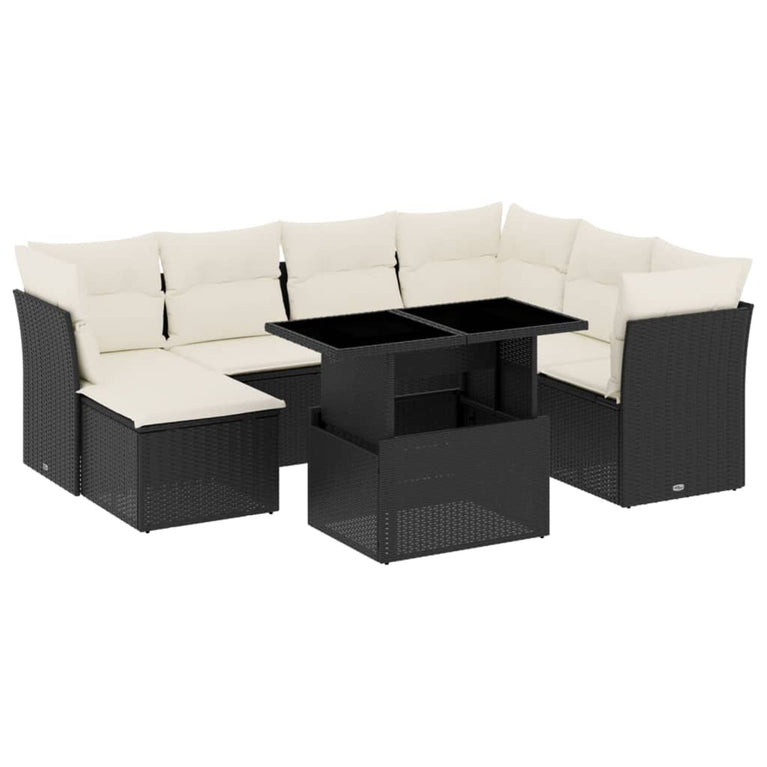 8-delige Loungeset met kussens poly rattan zwart