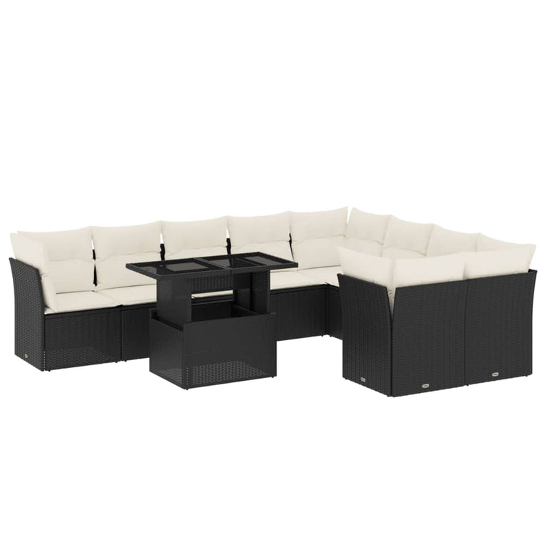 10-delige Loungeset met kussens poly rattan zwart