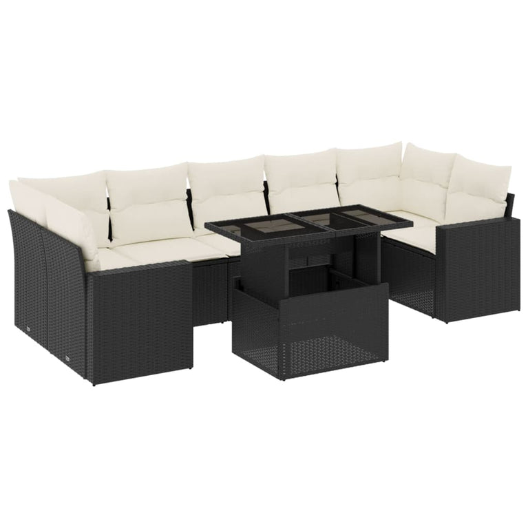 8-delige Loungeset met kussens poly rattan zwart