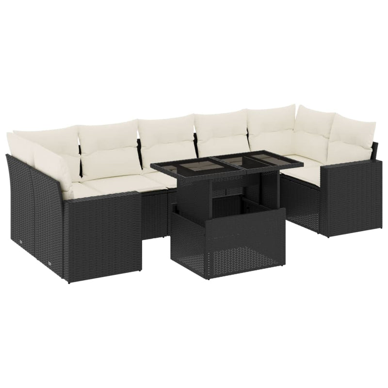 8-delige Loungeset met kussens poly rattan zwart
