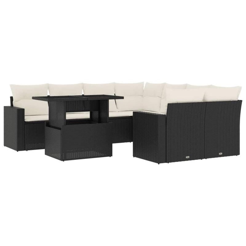 9-delige Loungeset met kussens poly rattan zwart