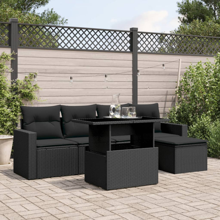 6-delige Loungeset met kussens poly rattan zwart