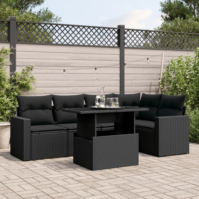 6-delige Loungeset met kussens poly rattan zwart