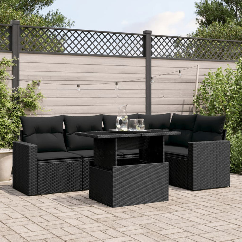 6-delige Loungeset met kussens poly rattan zwart