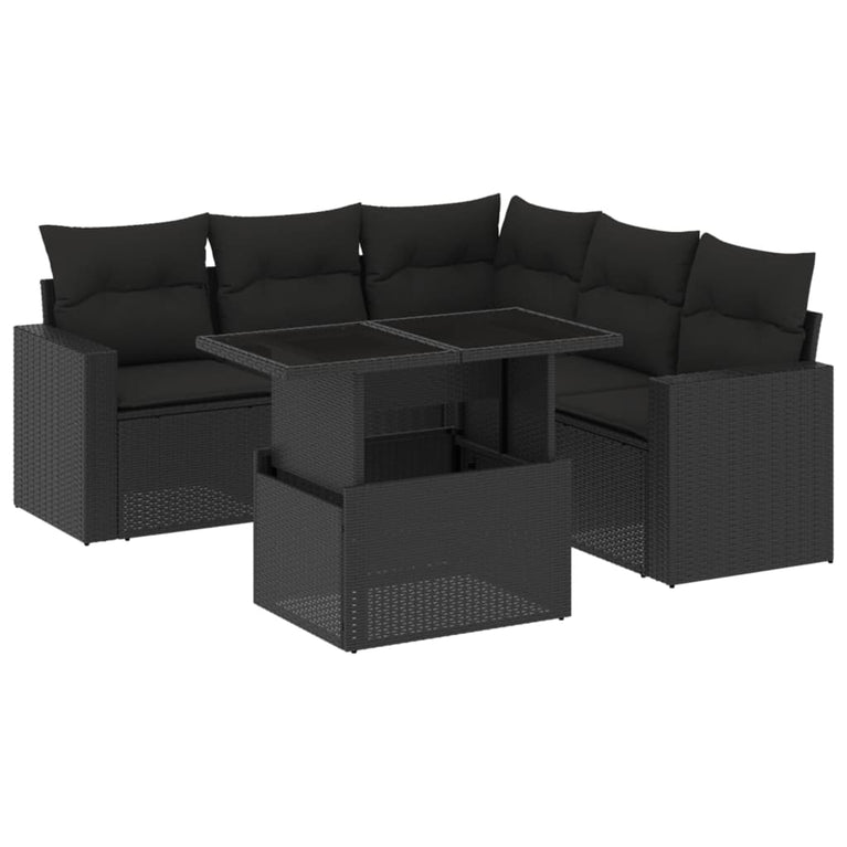 6-delige Loungeset met kussens poly rattan zwart