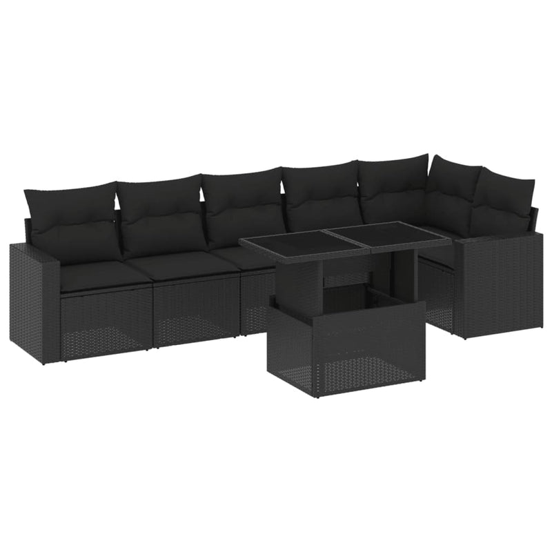7-delige Loungeset met kussens poly rattan zwart