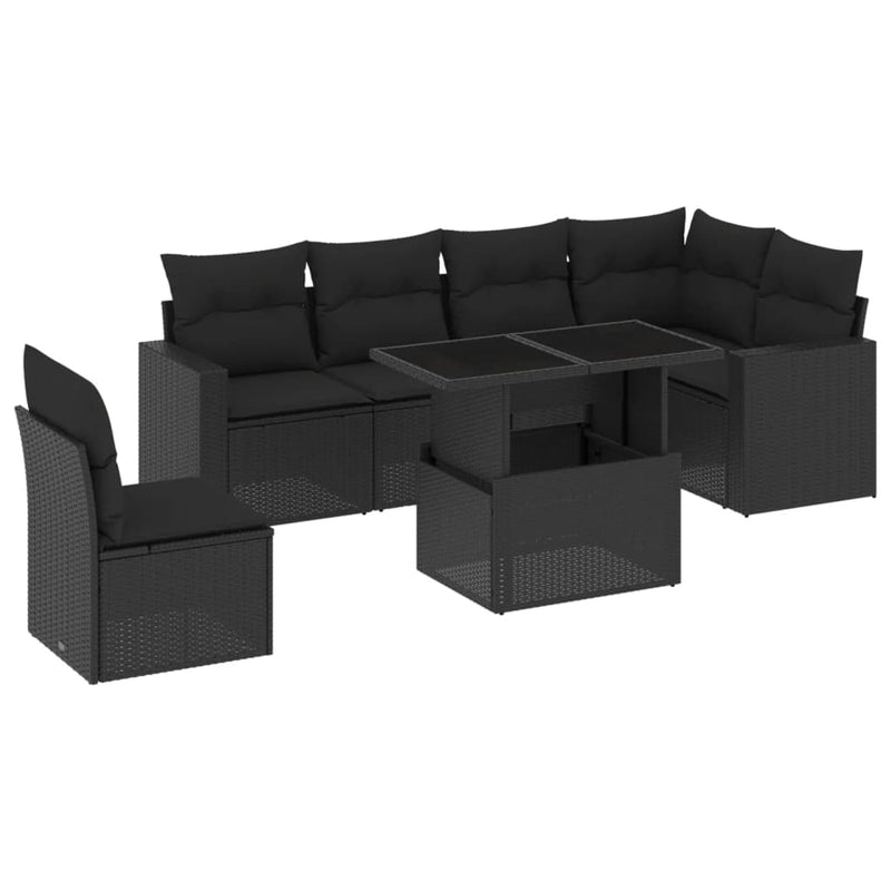 7-delige Loungeset met kussens poly rattan zwart