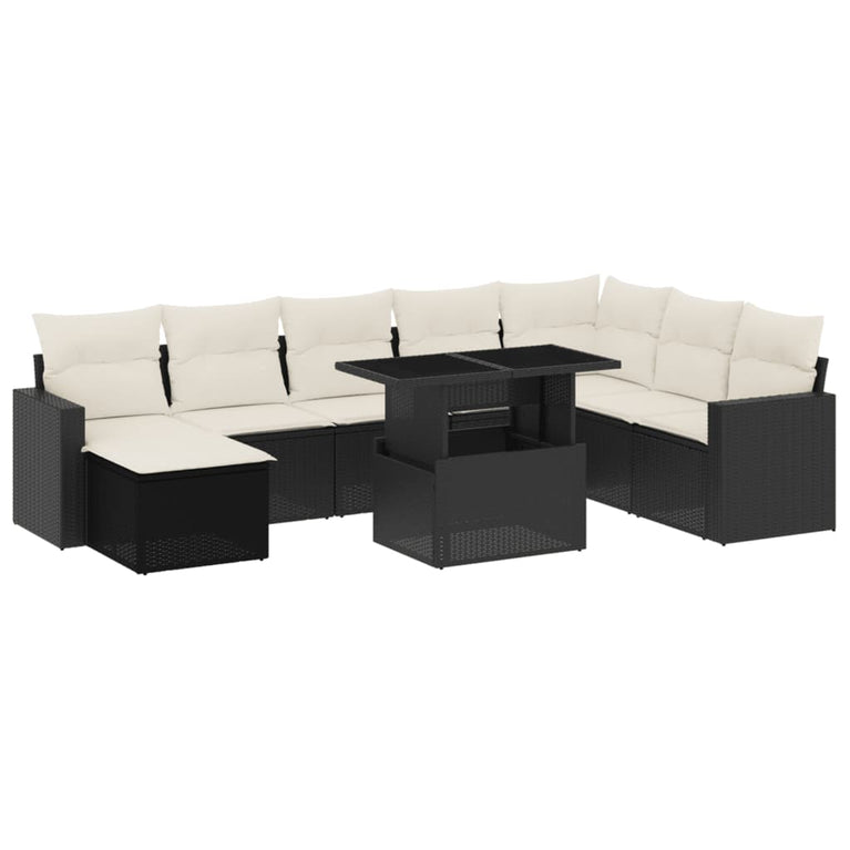 9-delige Loungeset met kussens poly rattan zwart
