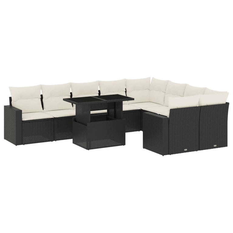 10-delige Loungeset met kussens poly rattan zwart