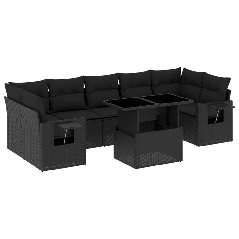 8-delige Loungeset met kussens poly rattan zwart