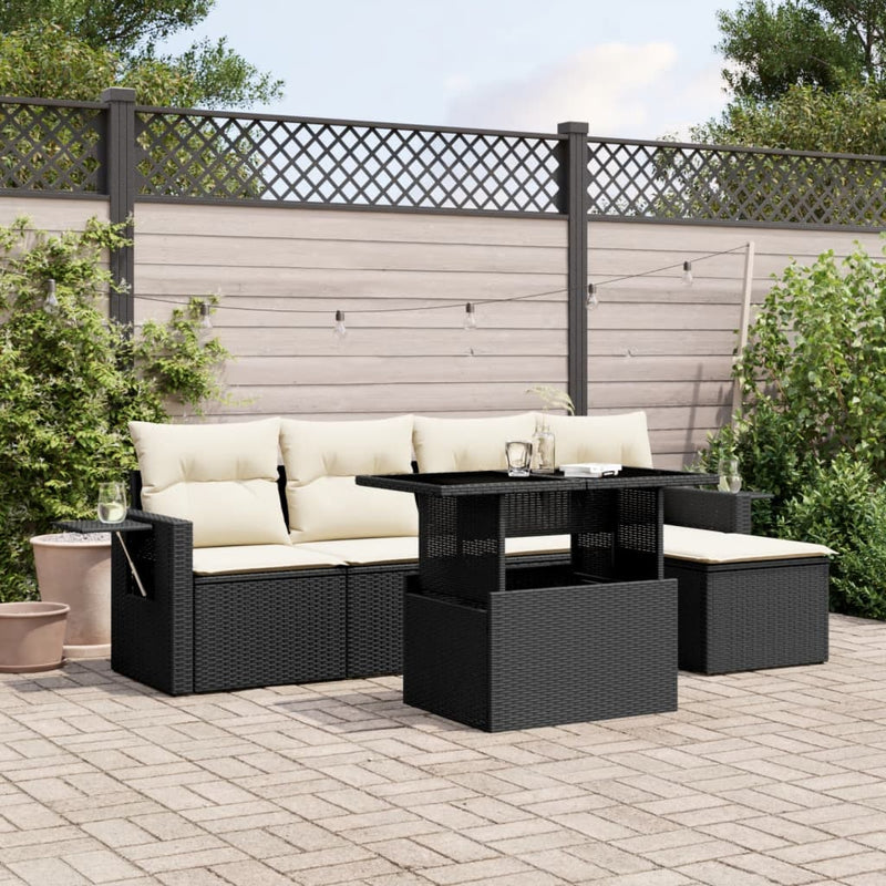 6-delige Loungeset met kussens poly rattan zwart