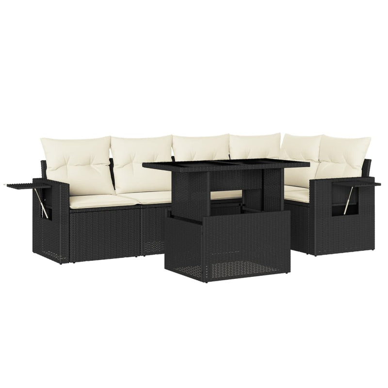 6-delige Loungeset met kussens poly rattan zwart