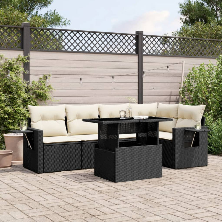 6-delige Loungeset met kussens poly rattan zwart