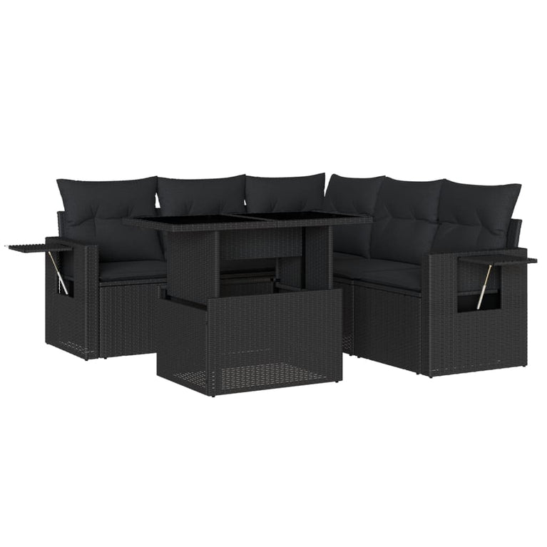 6-delige Loungeset met kussens poly rattan zwart