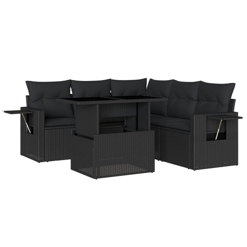 6-delige Loungeset met kussens poly rattan zwart