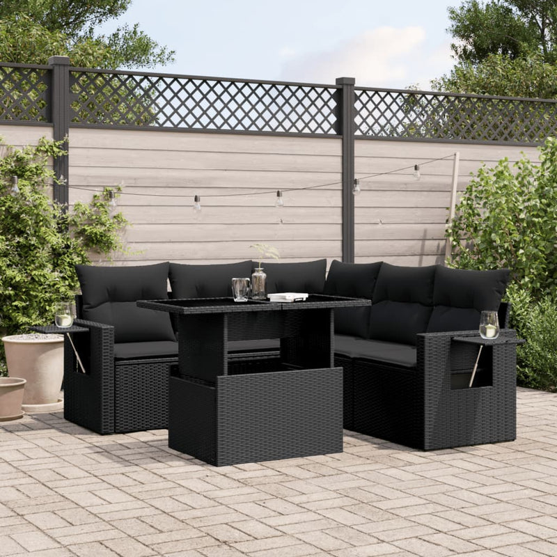 6-delige Loungeset met kussens poly rattan zwart