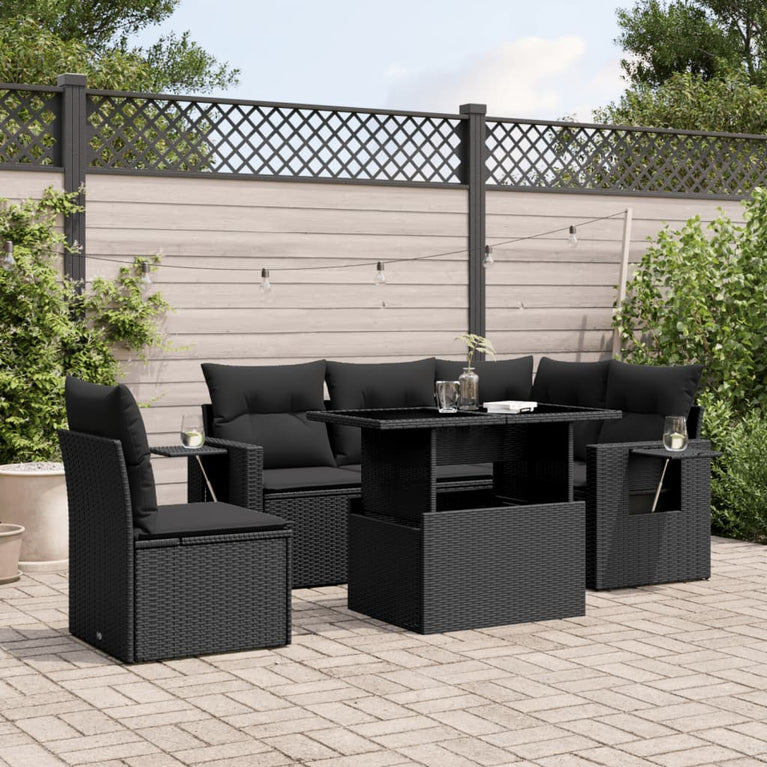 6-delige Loungeset met kussens poly rattan zwart