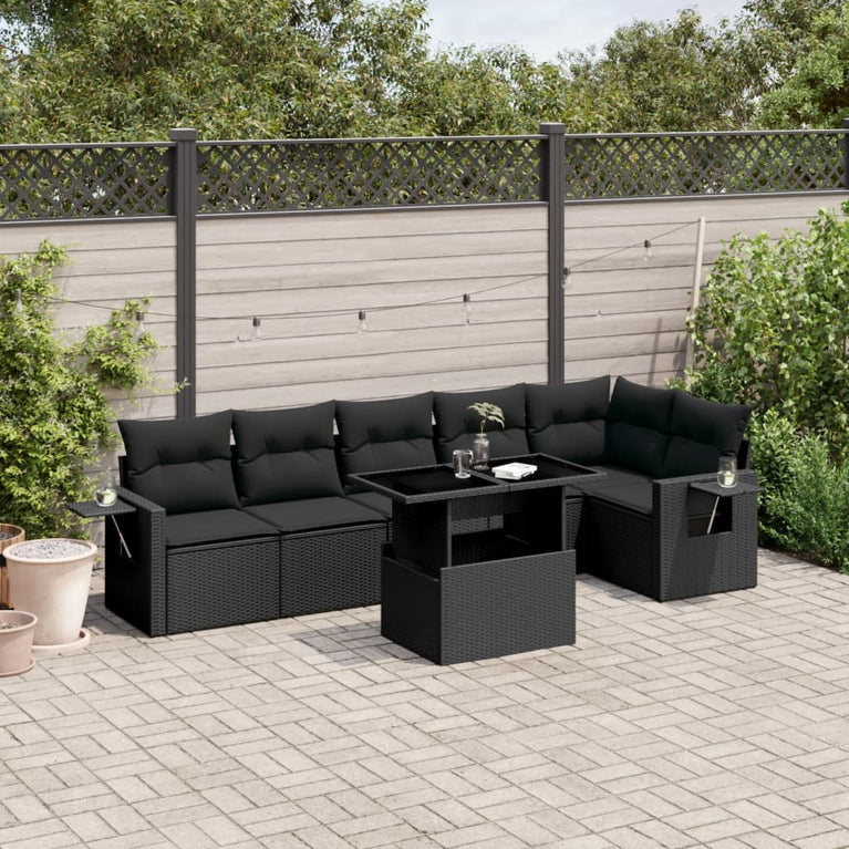 7-delige Loungeset met kussens poly rattan zwart