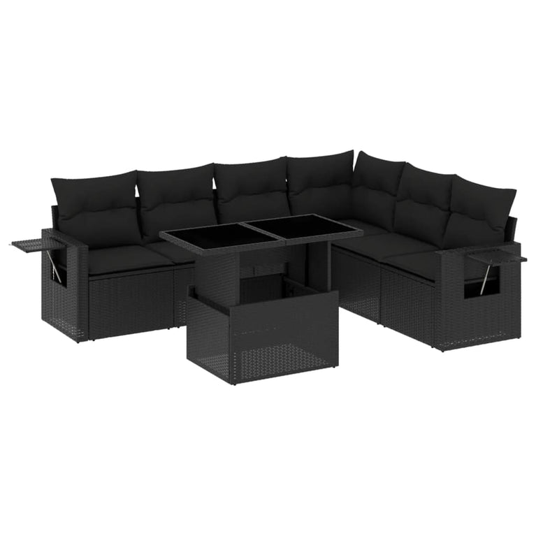 7-delige Loungeset met kussens poly rattan zwart