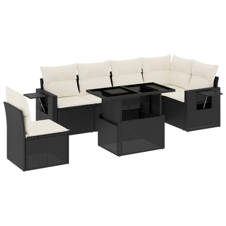 7-delige Loungeset met kussens poly rattan zwart