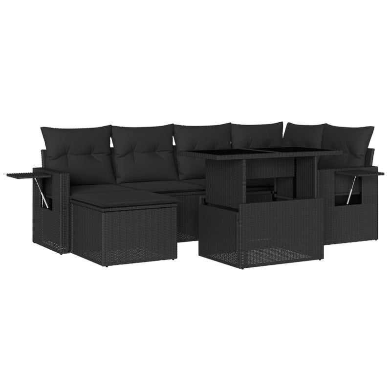 7-delige Loungeset met kussens poly rattan zwart