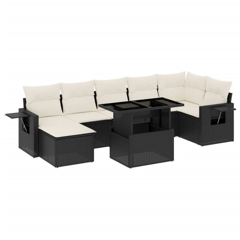8-delige Loungeset met kussens poly rattan zwart
