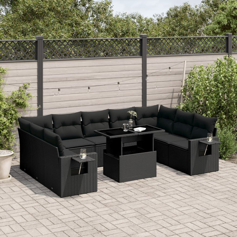 10-delige Loungeset met kussens poly rattan zwart