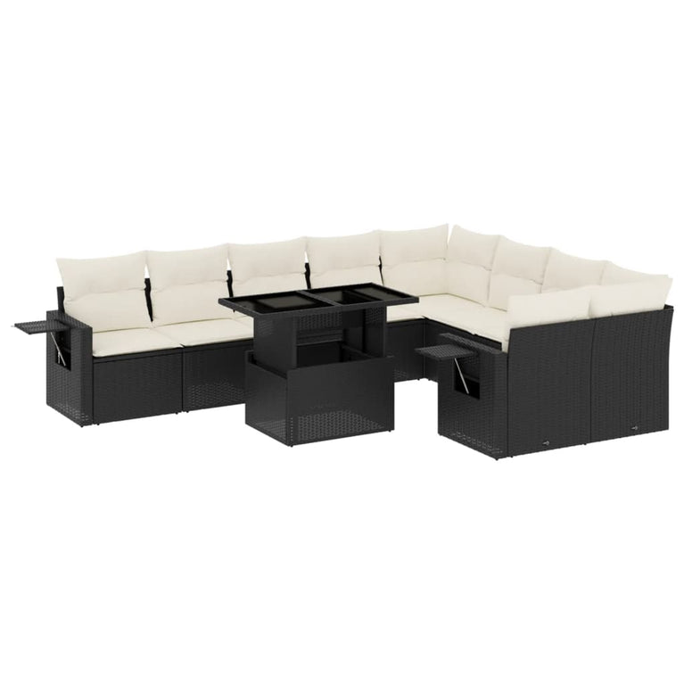 10-delige Loungeset met kussens poly rattan zwart