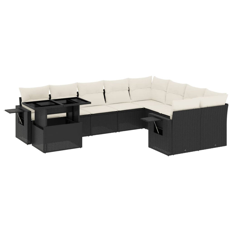 10-delige Loungeset met kussens poly rattan zwart
