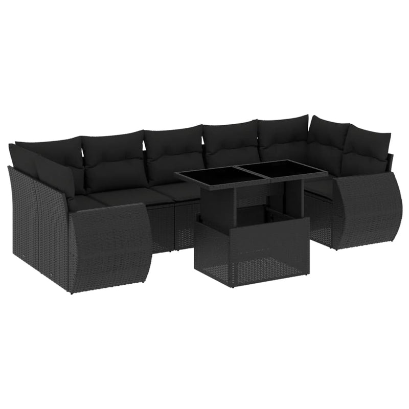 8-delige Loungeset met kussens poly rattan zwart