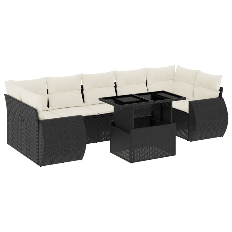 8-delige Loungeset met kussens poly rattan zwart